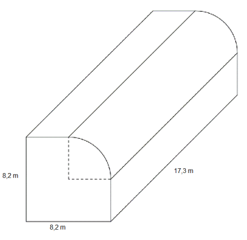 Rett firkantet prisme med kvadratisk bunn, der en kvart prisme er erstattet med en kvartsylinder med radius lik halve sida i kvadratet. Kvadratet har sidekant 8,2 m og figuren har høyde 17,3 cm